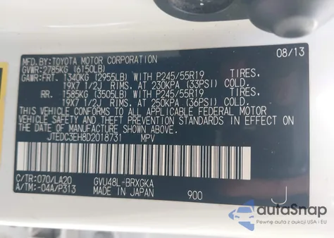 2013 Toyota Highlander Hybrid Limited V6 from USA, damaged, VIN JTEDC3EH8D2018731